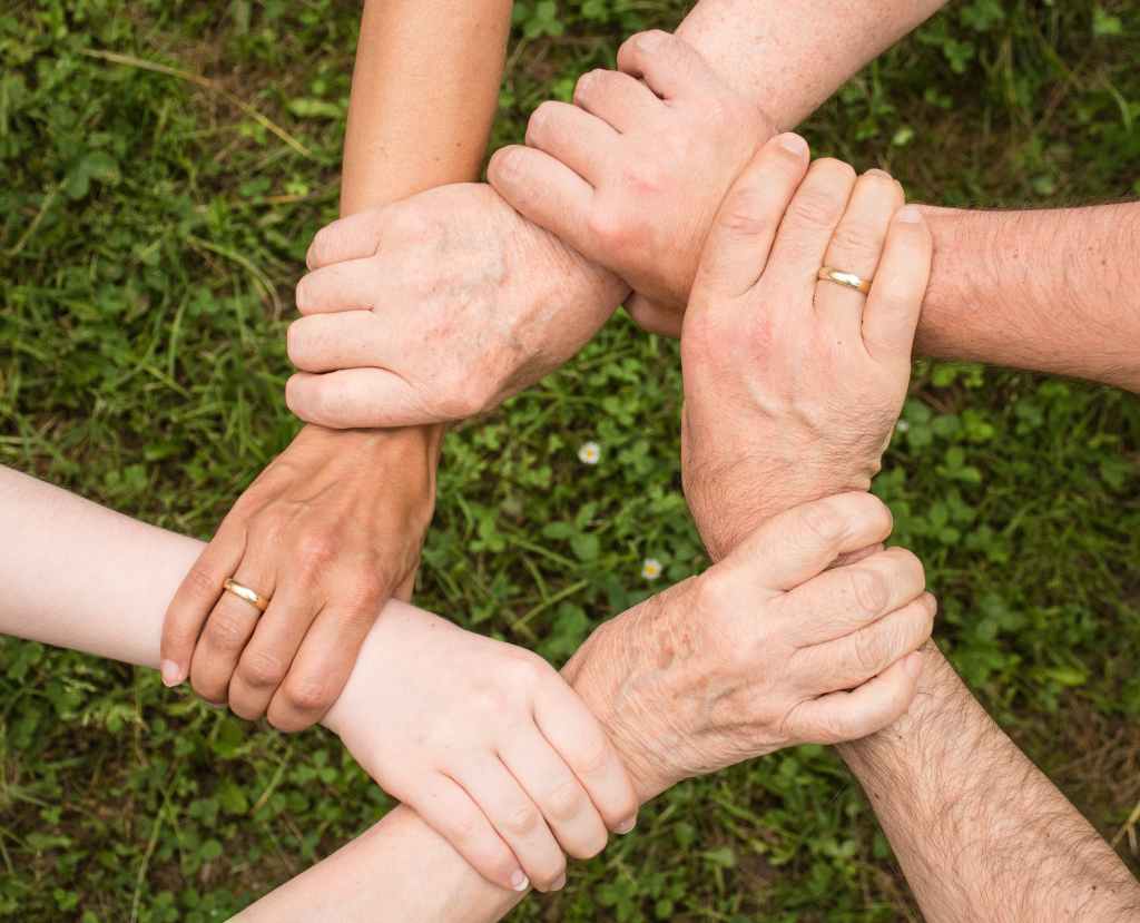 Six hands of multiple genders and generations grasping each others wrists over a grassy background.